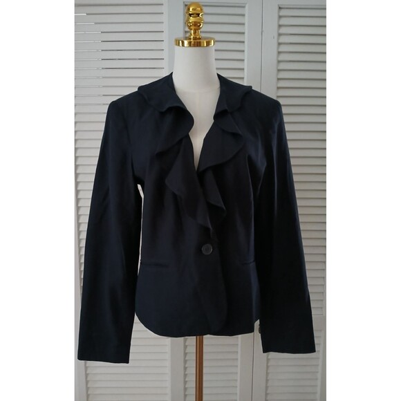 Chaps Women's Silk & Cotton Blend Blazer with Ruffle Neckline Size 12 Navy Blue - Picture 3 of 14